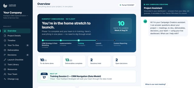 Client project dashboard showing status, to-dos, deliverables and next steps