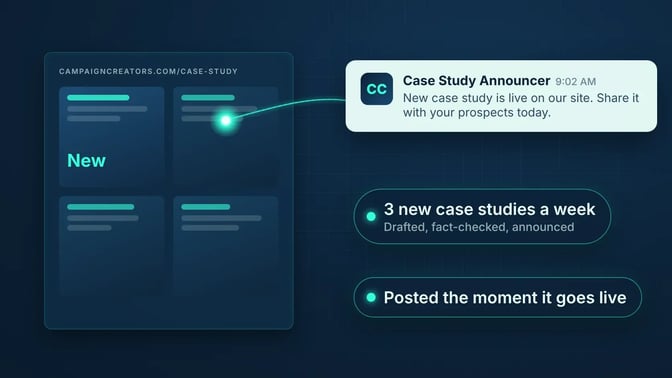 Case Study Announcer posting a new Campaign Creators case study to Slack