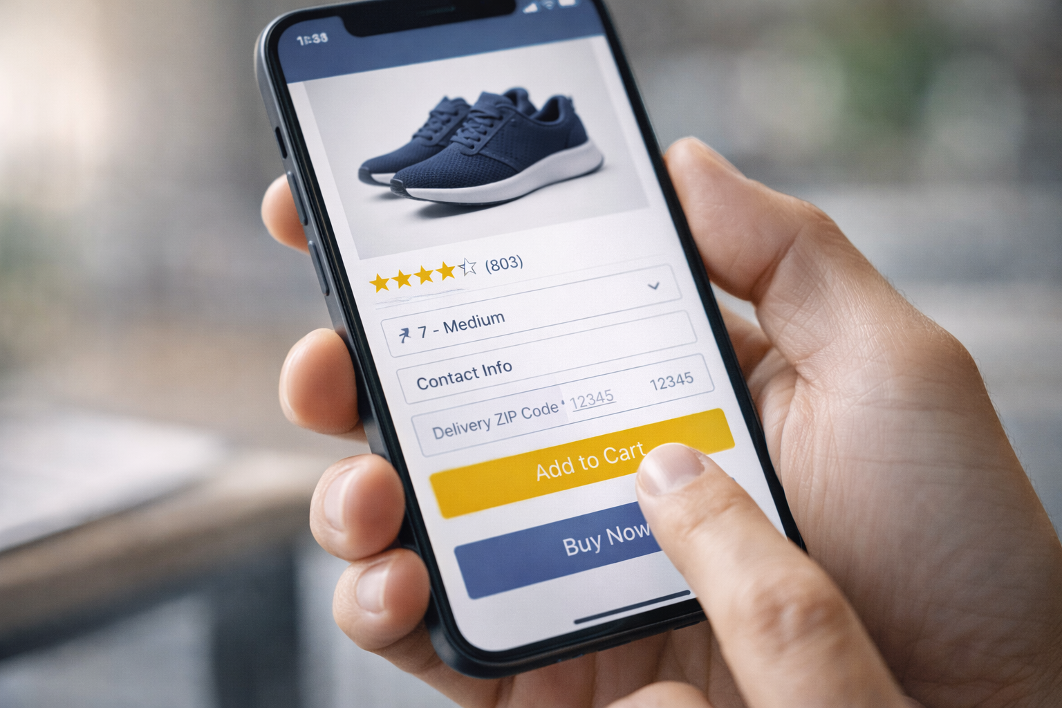 Close-up of a person holding a smartphone in one hand, using their thumb to scroll and tap on an e-commerce interface with visible buttons like ‘Add to Cart’ or form fields, bright screen, shallow depth of field, modern UI, natural lighting