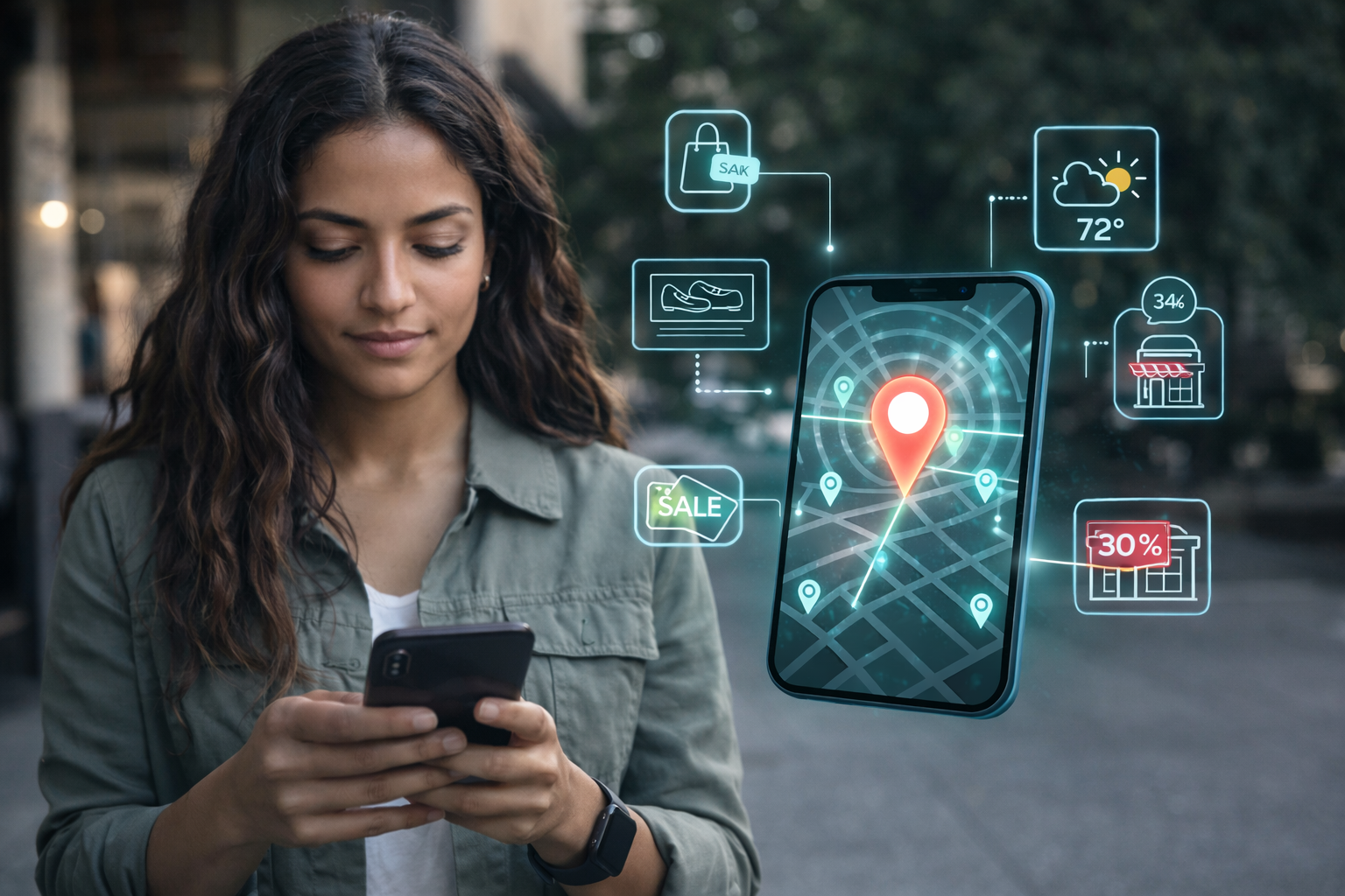a realistic photo of a consumer using her phone with a floating pop beside her popping up from the phone of a digital map interface showing a user’s real-time location, with glowing location pins and radiating signals. Around the phone are floating icons representing personalized ads, product recommendations, weather, and local offers. 