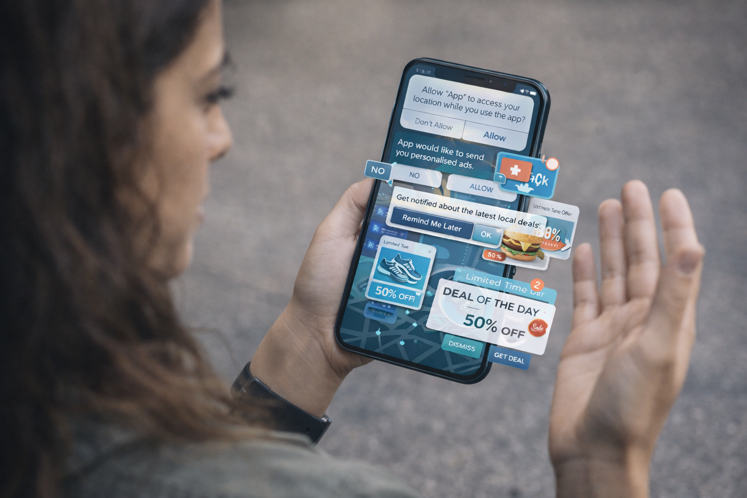 A realistic close-up of a person holding a smartphone with multiple intrusive pop-ups and ads covering the screen, including location-based notifications and permission requests. The user’s expression looks slightly uncomfortable or overwhelmed. The background is a neutral indoor setting with soft lighting. On the phone screen, include elements like “Allow location access?”, excessive personalized ads, and overlapping UI notifications.