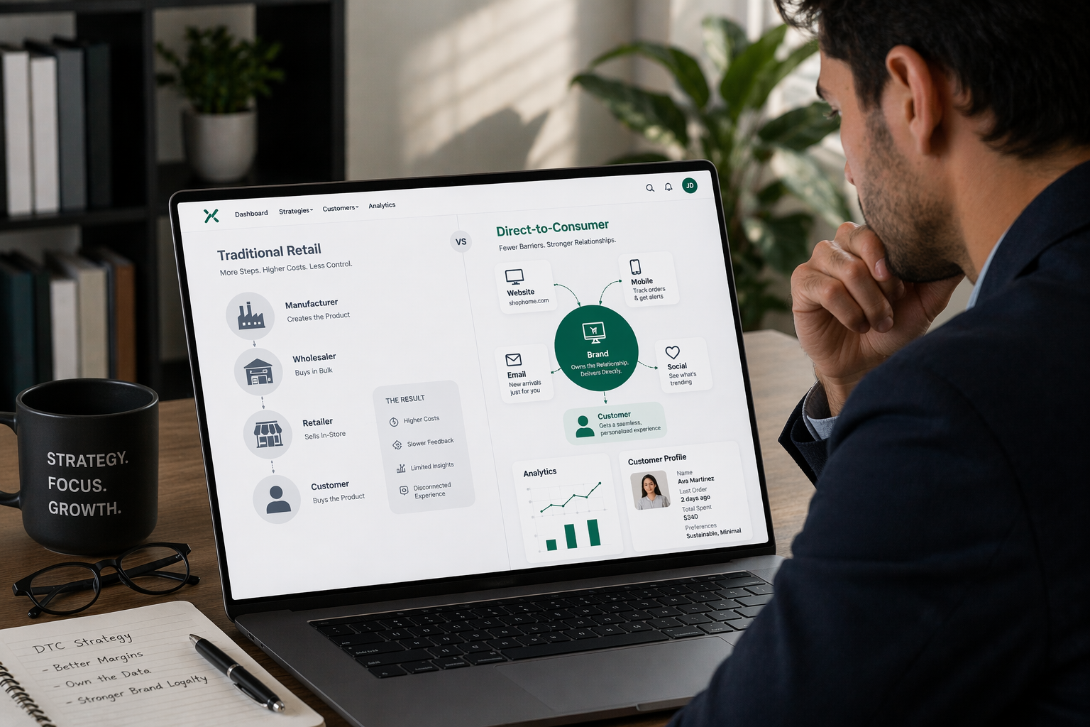 A split-screen modern illustration showing two business models: on the left, a traditional retail chain with multiple intermediaries (manufacturer → wholesaler → retailer → customer) represented by disconnected nodes and faded colors; on the right, a direct-to-consumer model with a single brand connecting directly to customers through digital touchpoints (website, mobile, email, social). Include subtle UI elements like analytics dashboards and customer profiles. Style: sleek, minimal