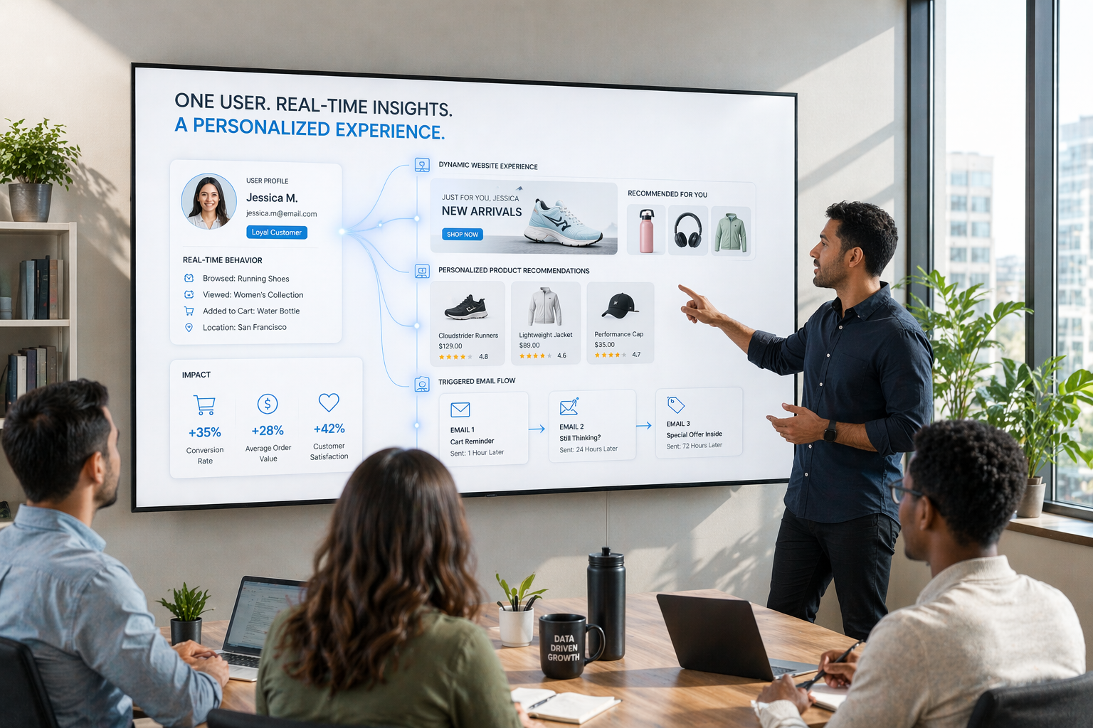 An eCommerce website interface dynamically changing in real-time based on user behavior, showing personalized product recommendations, adaptive homepage banners, and triggered email flows. Include a user profile node connected to multiple content blocks with glowing data lines.