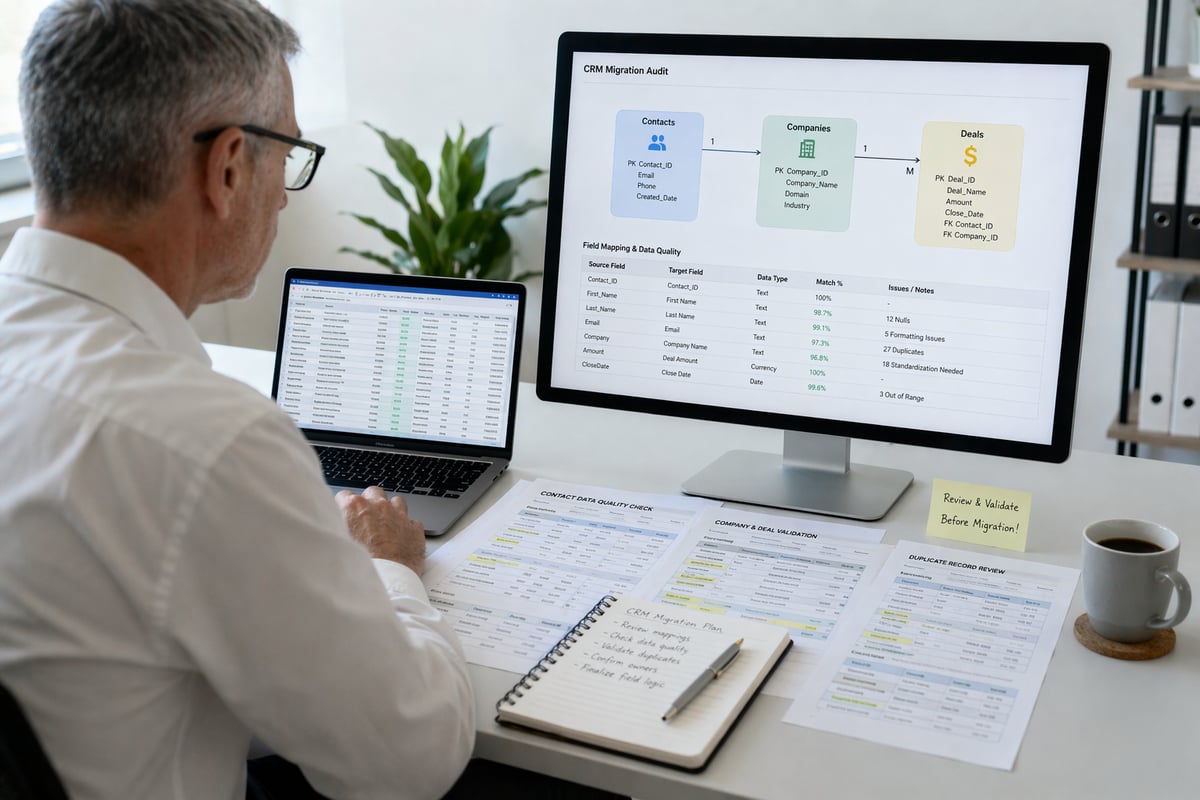 professional reviewing CRM data on a laptop and external monitor, showing spreadsheets, data tables, and a simple entity relationship diagram connecting contacts, companies, and deals