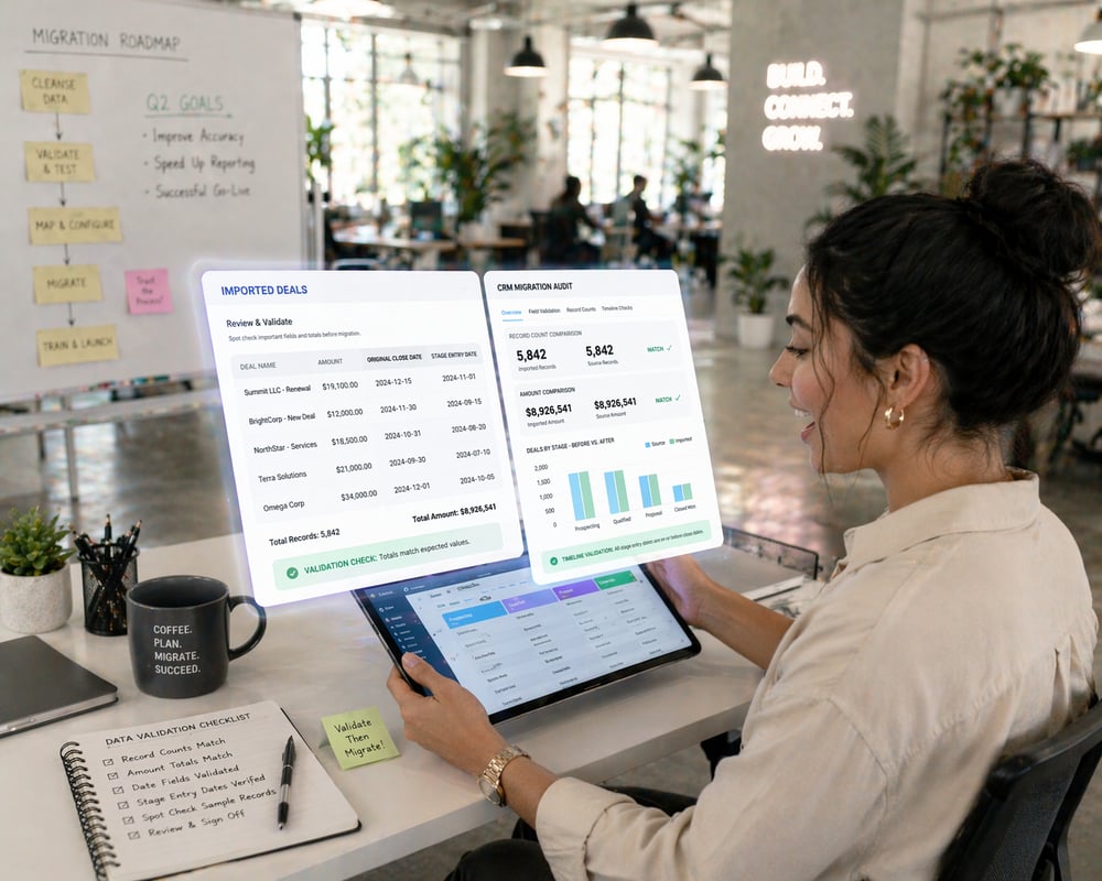 sales or operations professional configuring a CRM pipeline on a laptop or large monitor, with a clear visual interface displaying deal stages such as prospecting, qualified, proposal, and closed, arranged in an organized pipeline flow, while the person reviews notes or a checklist on the desk to ensure consistency