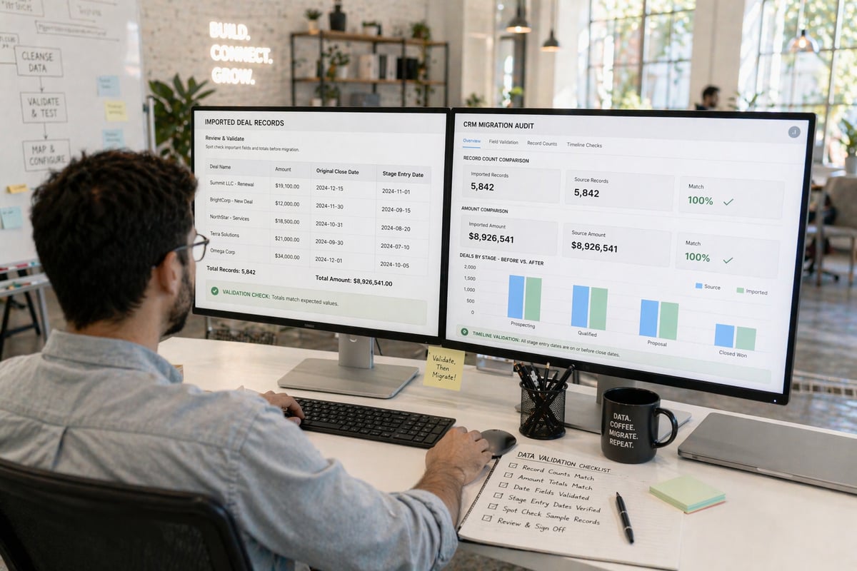  a data analyst reviewing historical CRM data on a dual-monitor setup, where one screen displays imported deal records with custom date fields (such as original close dates and stage entry dates) and the other shows a report dashboard comparing past and current data, with visible validation check