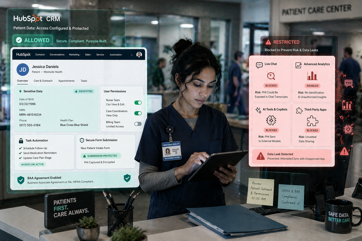 A clean, conceptual illustration of a healthcare CRM environment divided into “Allowed” and “Restricted” zones, where the allowed side shows a secure system with encrypted patient records, controlled user permissions, internal task automation, and protected form submissions flowing safely into labeled sensitive data fields, while the restricted side highlights blocked or flagged features like chat interfaces, advanced analytics dashboards, AI tools, and third-party app connections with warning icons and data leaks, using a modern UI style