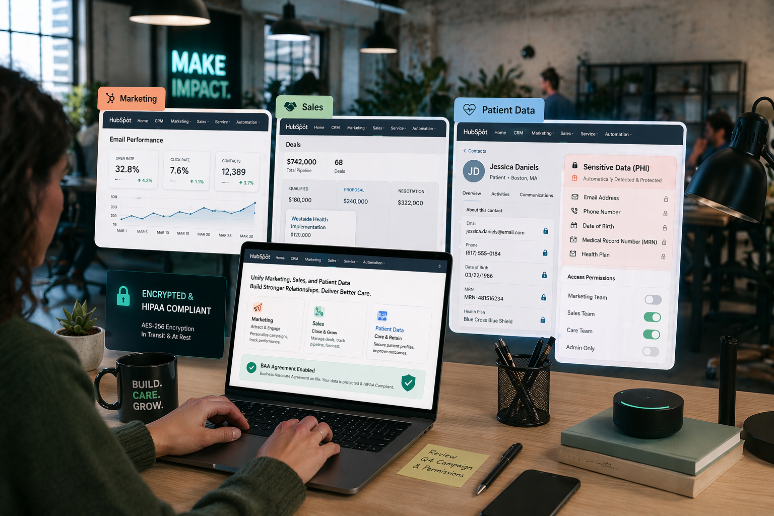 A professional SaaS dashboard scene showing a CRM interface (inspired by HubSpot) with marketing, sales, and patient data unified in one screen, where certain fields are highlighted as “Sensitive Data (PHI)” with lock icons, encryption symbols, and access permission toggles, alongside a visible “BAA Agreement Enabled” indicator, compliant platform, using clean UI elements