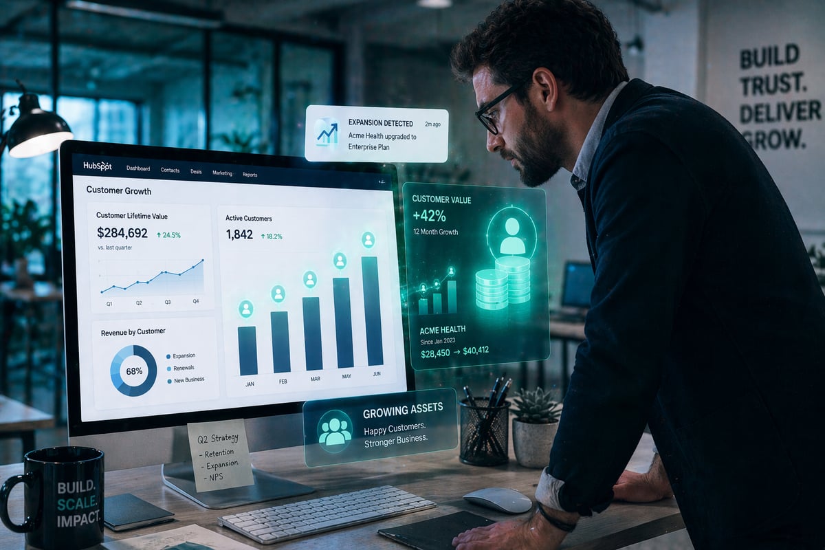 A business professional analyzing a dashboard where customers are represented as growing assets, like rising bars or glowing icons. One customer icon expands over time, symbolizing increasing value. The environment is a modern office with a clean digital interface, soft blue and green tones, minimal and data-driven aesthetic.