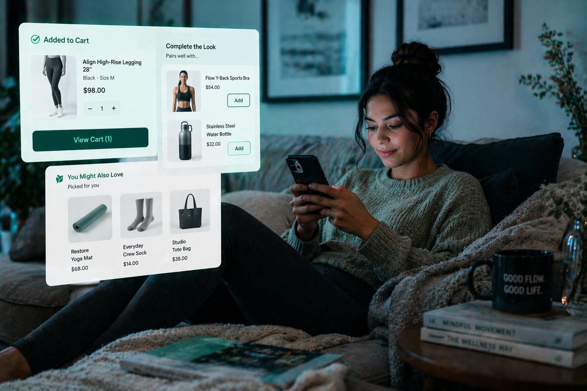 a consumer at home lounging using their phone shopping with a pop up  online shopping experience where a customer adds yoga leggings to cart, and a clean interface suggests complementary items like a sports bra and accessories. The layout feels curated and personalized, not pushy. The customer is browsing comfortably on a laptop or phone, modern and minimal style.