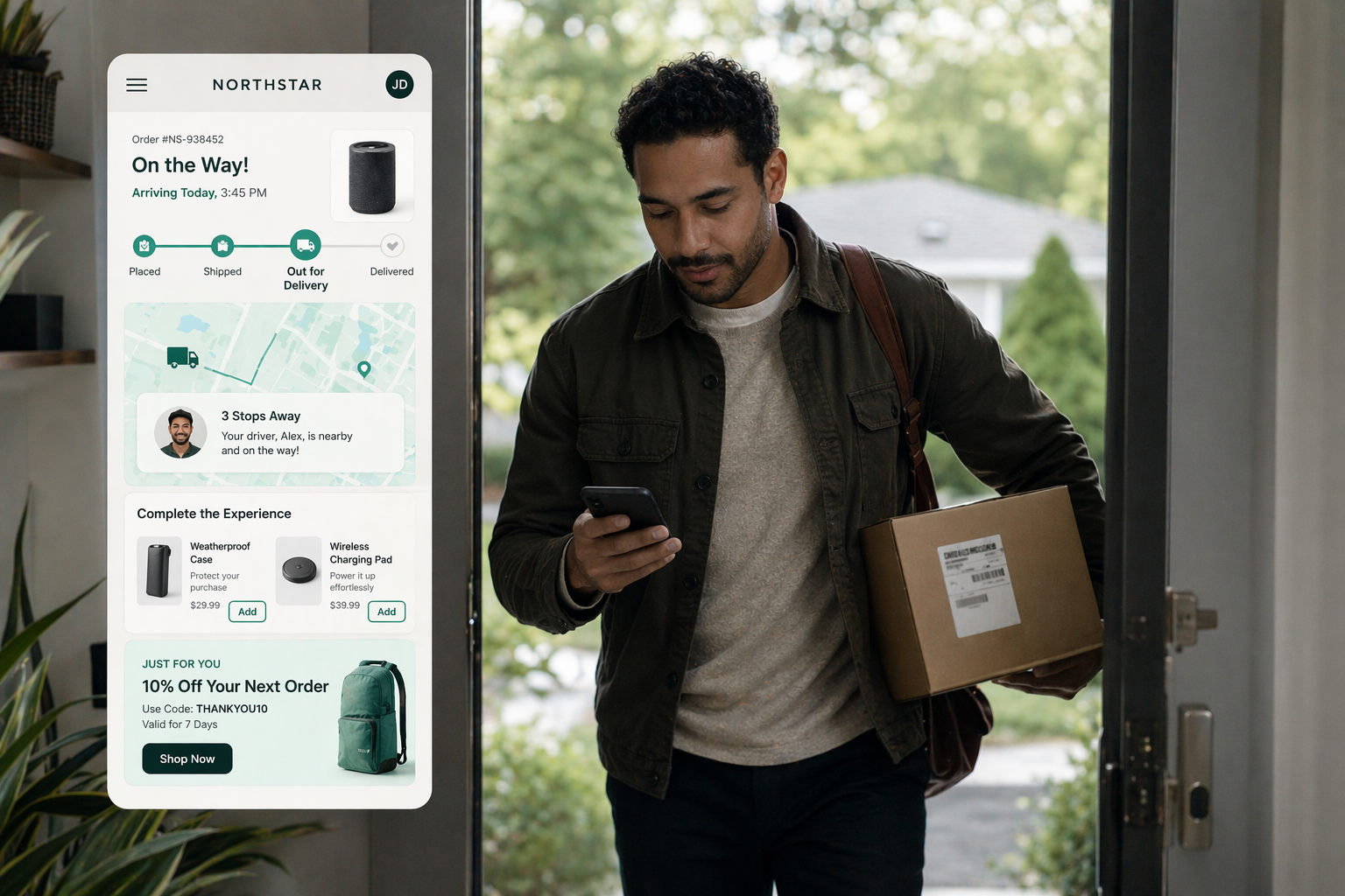 “A branded order tracking page on a smartphone showing delivery progress, along with product tips, recommendations, and a small discount offer. The customer checks updates frequently, engaged and curious. The interface is branded and visually appealing, not generic shipping.”