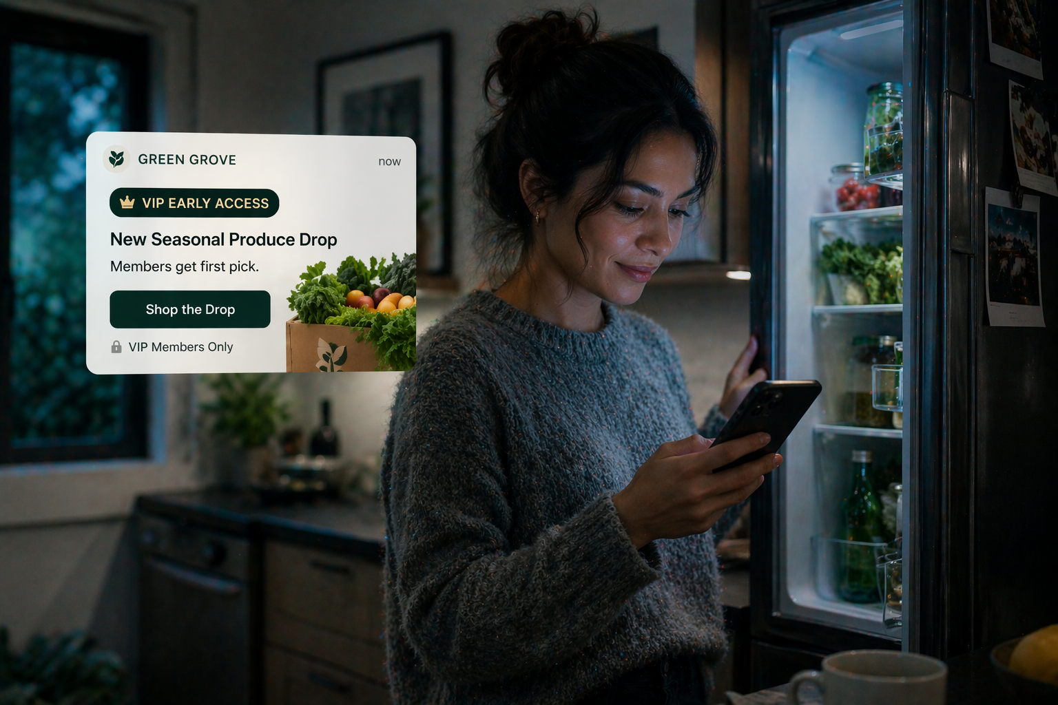 “A customer browsing an eCommerce site on their phone with a visible ‘VIP Early Access’ banner for a new product drop. The product is marked as exclusive, and the customer looks engaged and excited. Subtle UI elements show ‘Members Only’ access. Clean, premium, modern design with a sense of exclusivity.”
