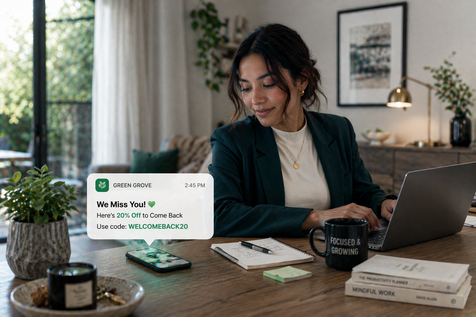 “A customer receiving a ‘We Miss You’ email or SMS with a personalized discount. The customer, previously inactive, re-engages with the brand on their device. The scene shows a transition from inactivity to renewed interest.”