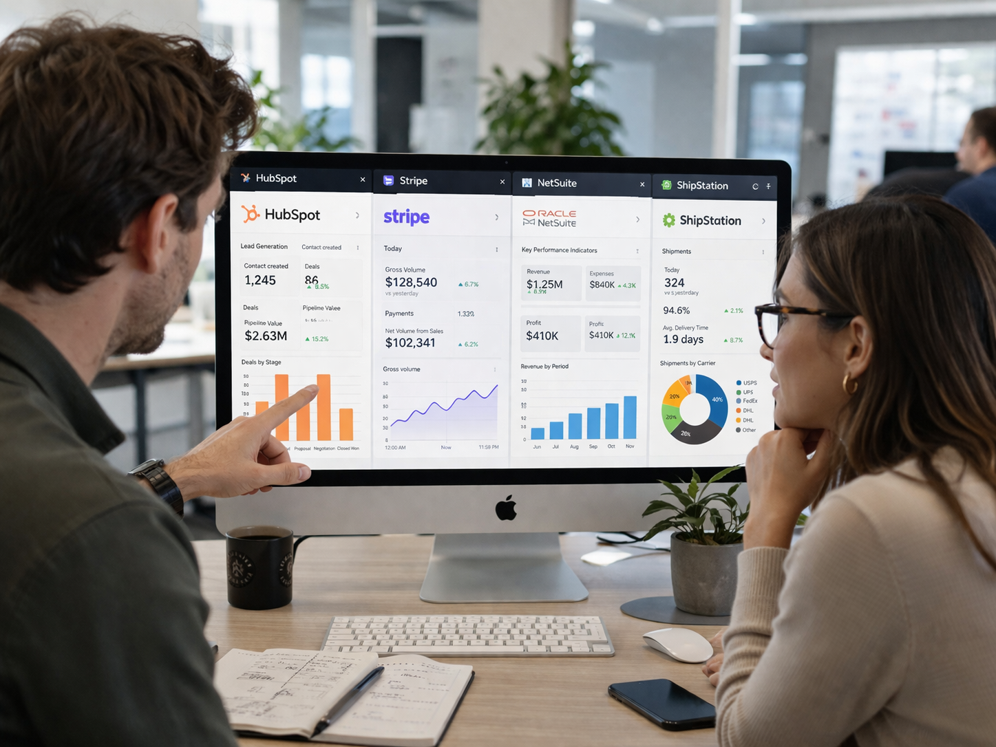 A simple system integration diagram showing three separate software systems connected directly to each other with straight lines, no central hub. Each system is represented as a labeled box: “HubSpot,” “Stripe,” “NetSuite,” and “ShipStation.” Lines connect each pair individually, forming a web of point-to-point connections. Clean, modern style, white background, minimal colors, professional SaaS illustration.