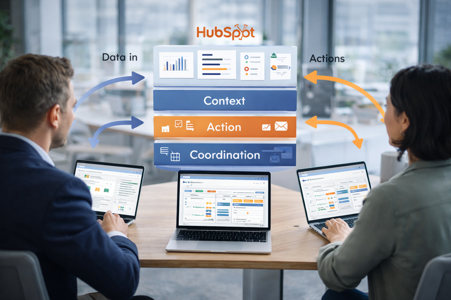  A central platform labeled “HubSpot” connected to systems like Stripe and NetSuite. Three team members (sales, finance, operations) are shown around the platform, all viewing the same data. Inside HubSpot, three layers are labeled: “Context,” “Action,” and “Coordination.” Arrows show data flowing in and actions flowing out to each team. 