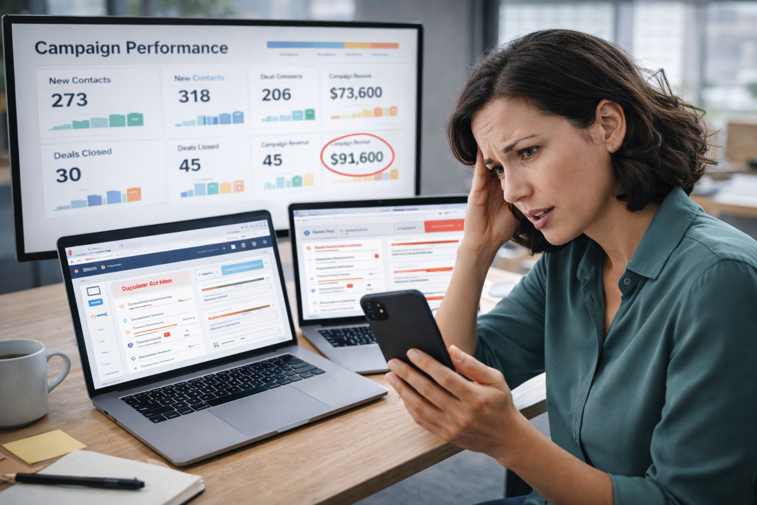 A modern hyper-realistic marketing professional sitting at a desk surrounded by multiple screens and devices, each displaying different dashboards, spreadsheets, CRM systems, and analytics tools with inconsistent or conflicting data. The person looks overwhelmed and confused, holding their head slightly or staring at the screens with frustration. 