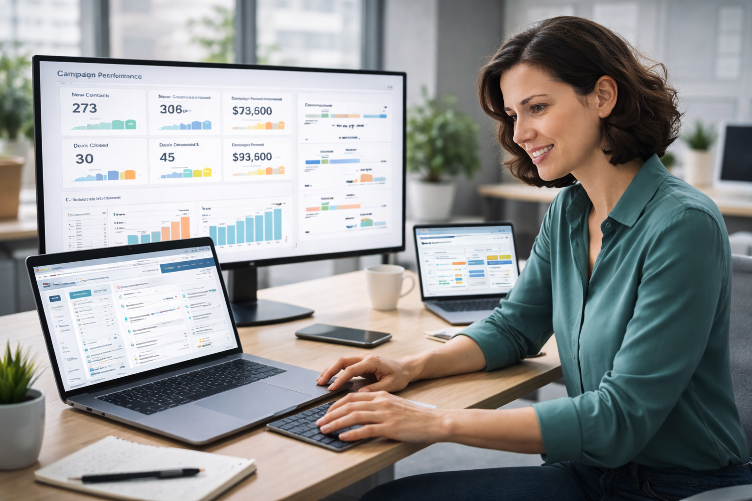 A confident marketing professional working at a clean, modern desk with organized screens showing connected dashboards, CRM data, and automated workflows. The person appears focused and in control, interacting with the system smoothly. Bright, modern office environment, soft lighting, realistic style, high detail, no text overlays.