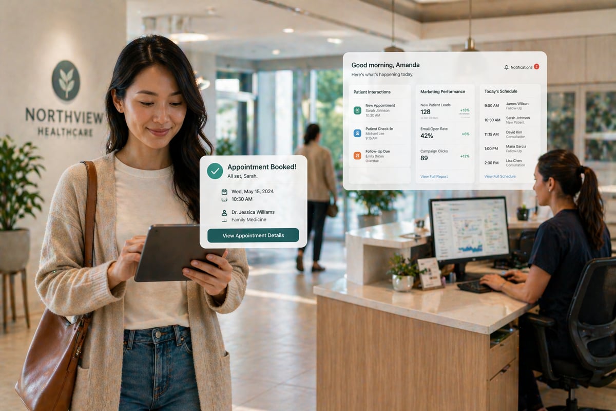 A bright, modern healthcare office setting where a patient uses a tablet to book an appointment instantly, while a staff member in the background views a unified dashboard on a desktop screen showing patient interactions, marketing data, and scheduling in one place, with natural lighting, clean white and neutral tones, and a calm, organized environment that reflects efficiency and connected systems.