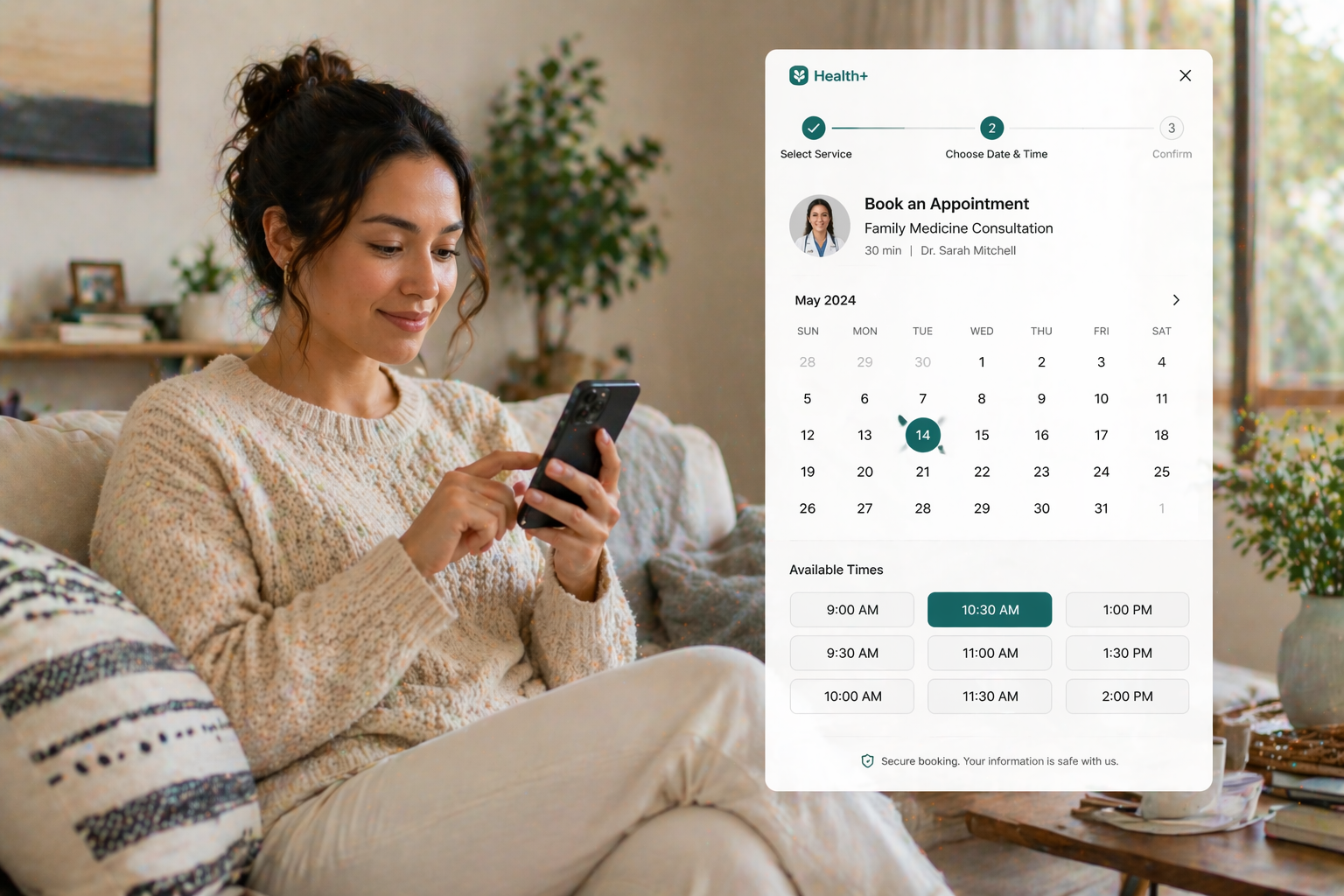 A patient sitting comfortably at home using a smartphone to book a medical appointment through an easy-to-use scheduling interface, with a clear calendar view and available time slots, while a clinic staff member in the background (split-scene style) sees the appointment instantly appear on their system, set in a bright, natural-lit environment with soft neutral tones.