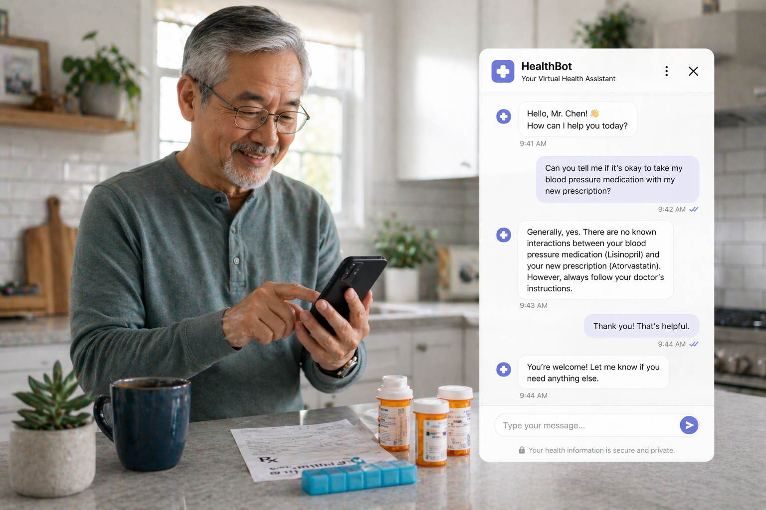 An old patient receiving instant answers through a chatbot on a mobile device popping up from their phone well-lit, simple, and using minmalist colors to emphasize efficiency and responsiveness.