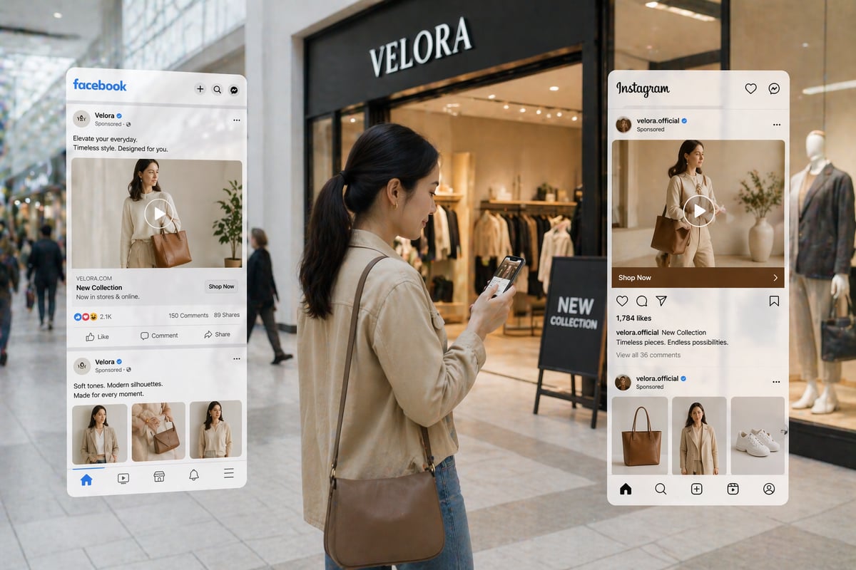 a mobile screen displaying both Facebook and Instagram-style feeds, featuring multiple e-commerce ads with strong visuals, short-form video thumbnails, and product highlights, designed to look like user-generated content, placed against a soft beige or light gray background with a modern, minimal aesthetic.