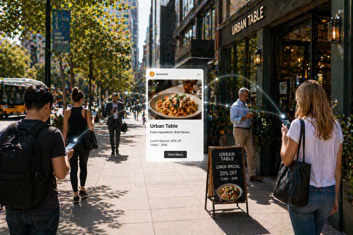 A conceptual composition showing a single ad expanding outward to reach a wide range of people with different demographics and interests, represented by varied user profiles interacting with the same content, set against a light beige background with soft gradients to emphasize scale and algorithm-driven discovery.