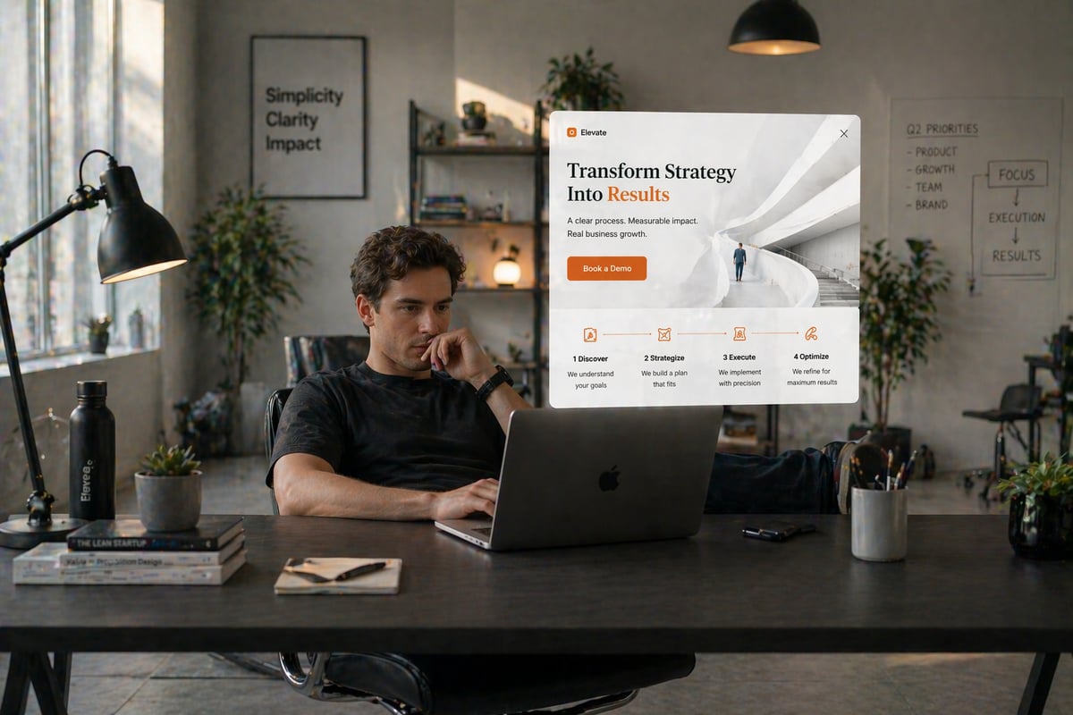 A realistic laptop view of a streamlined landing page with no distractions, large CTA button, and clear messaging, in a clean workspace with warm tones.
