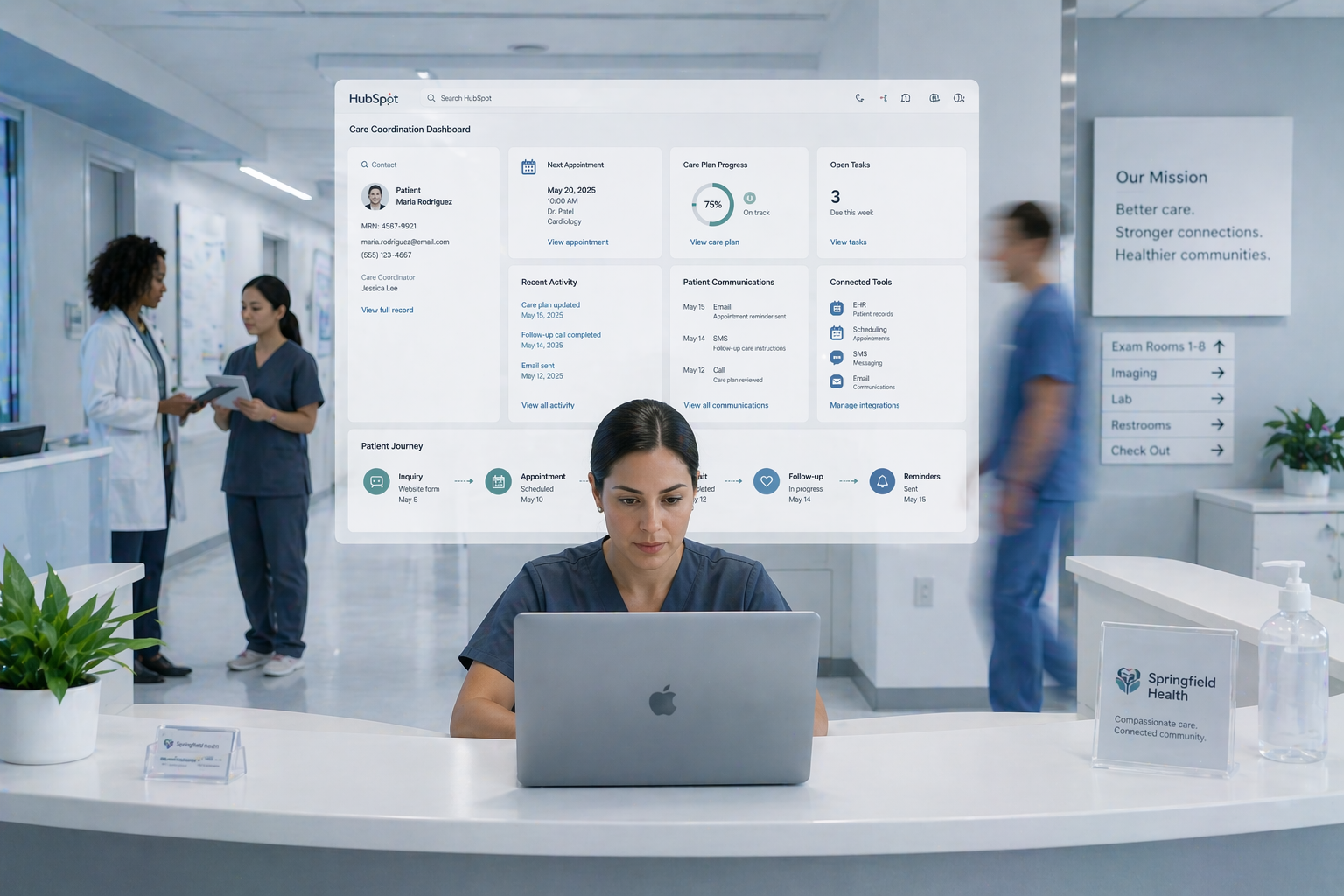 A clean, modern healthcare office scene showing a care coordinator or admin using a laptop with a HubSpot CRM dashboard popping up from the screen, surrounded by subtle visual cues of connected systems such as patient records, appointment schedules, and communication tools unified into one screen; include a patient journey flow visual in the background linking touchpoints like inquiry, appointment, follow-up, and reminders, with diverse healthcare staff collaborating nearby, soft neutral lighting, warm tones, realistic style, and a focus on simplicity, usability, and connected patient experience rather than futuristic elements.
