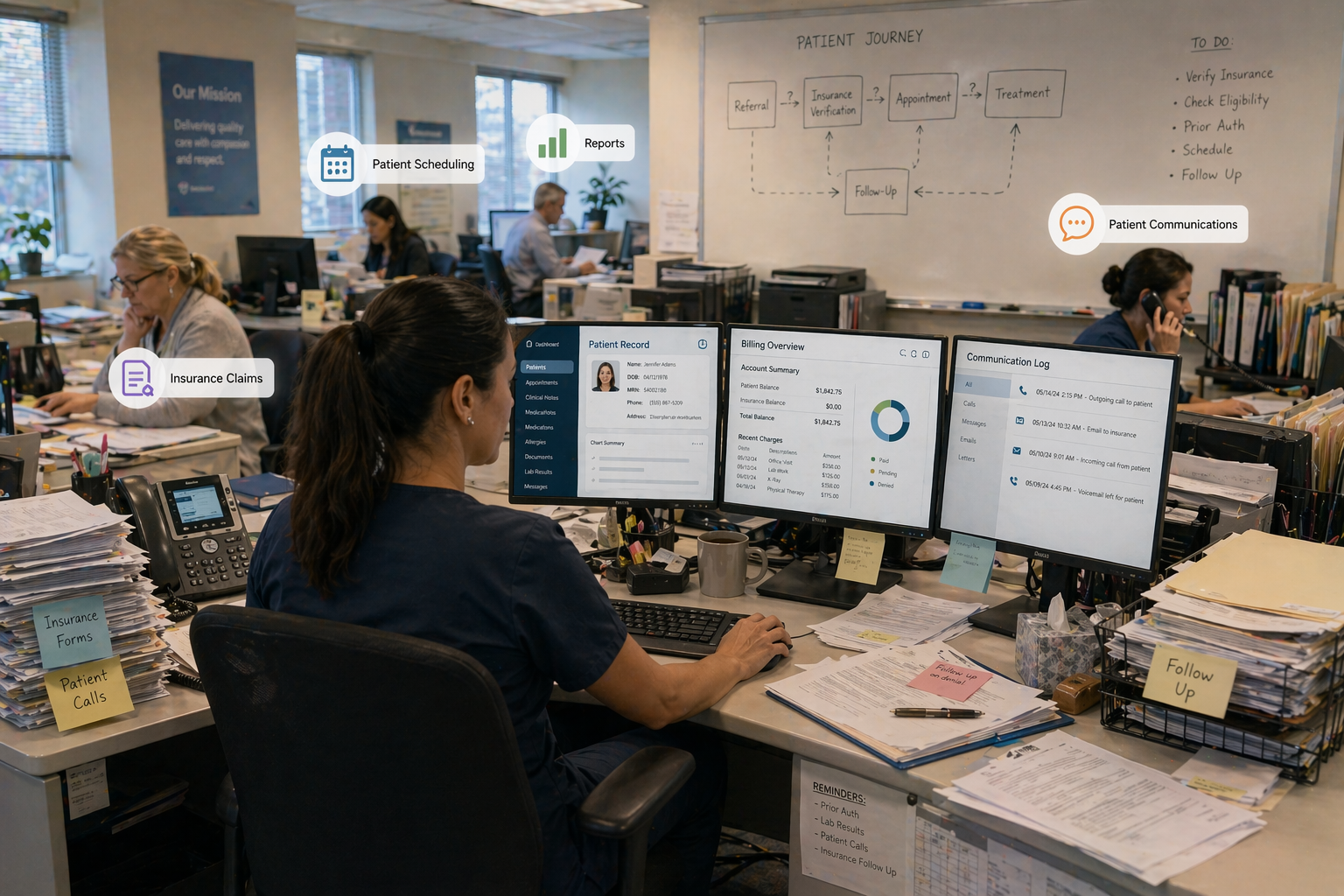 A realistic healthcare administrative setting showing multiple staff members working in a hospital admin office,with different icons popping out of their laptop that signifies what gthey are working on, with one person switching between different screens displaying patient records, billing data, and communication logs on different monitors, subtle visual separation between systems to represent disconnected data silos, stacks of paperwork or notes to suggest manual coordination, and a slightly cluttered workspace to reflect complexity; include background elements like a whiteboard with workflow steps and arrows that don’t fully connect, warm neutral tones, natural lighting, and a grounded, non-futuristic style that emphasizes fragmentation, complexity, and operational overhead.