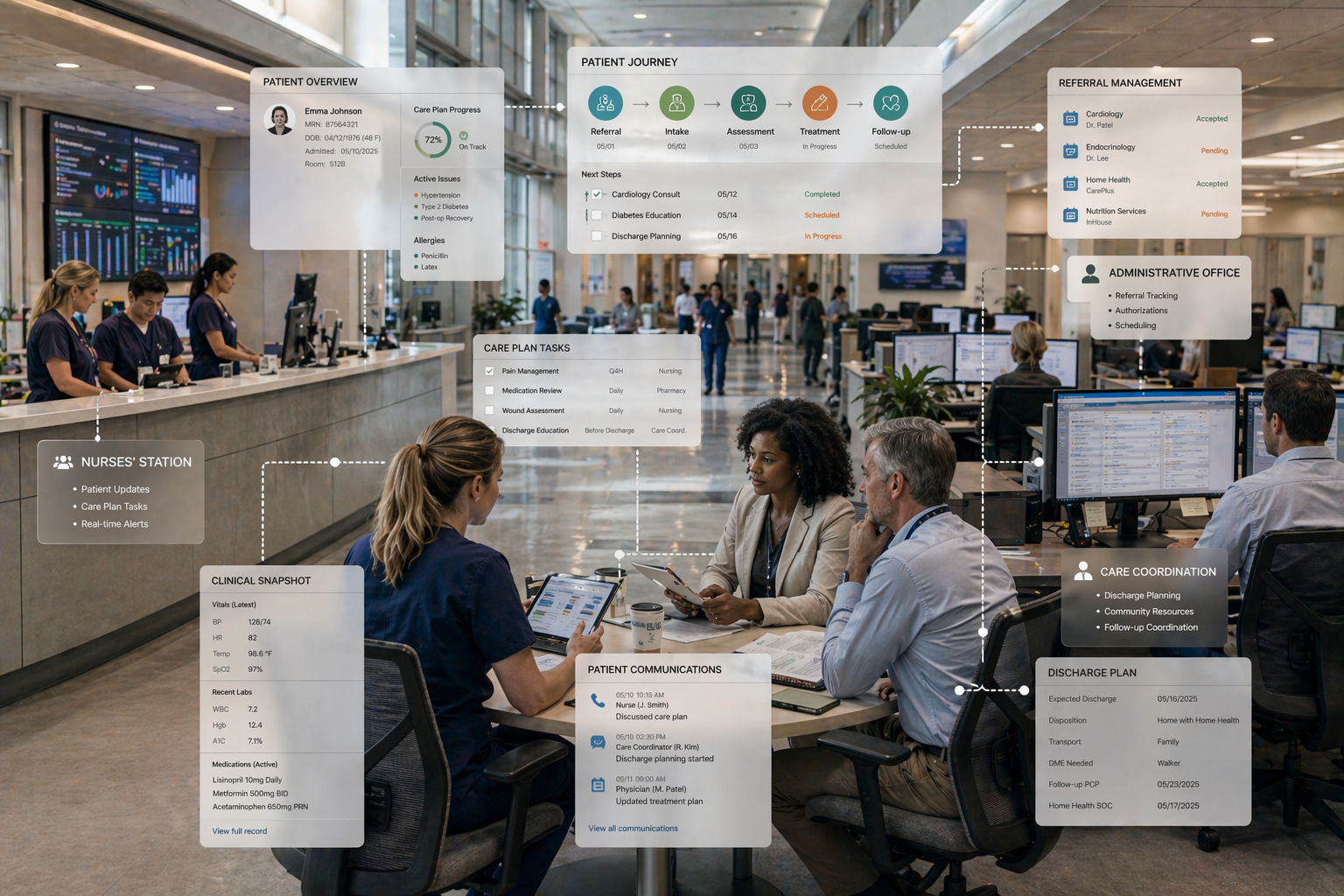 A realistic large hospital environment showing a coordinated healthcare system in action, with multiple departments visible such as a nurses’ station, administrative office, and care coordination team working together; include staff reviewing detailed patient data across multiple screens, with subtle visual cues of complex workflows like care plans, referrals, and multi-step patient journeys; the scene should convey scale and structure, with more screens, data points, and team collaboration compared to a small clinic, reflecting enterprise-level coordination and oversight; use warm neutral tones, natural lighting, and a grounded, non-futuristic style that emphasizes complexity, collaboration, and high-volume patient management.