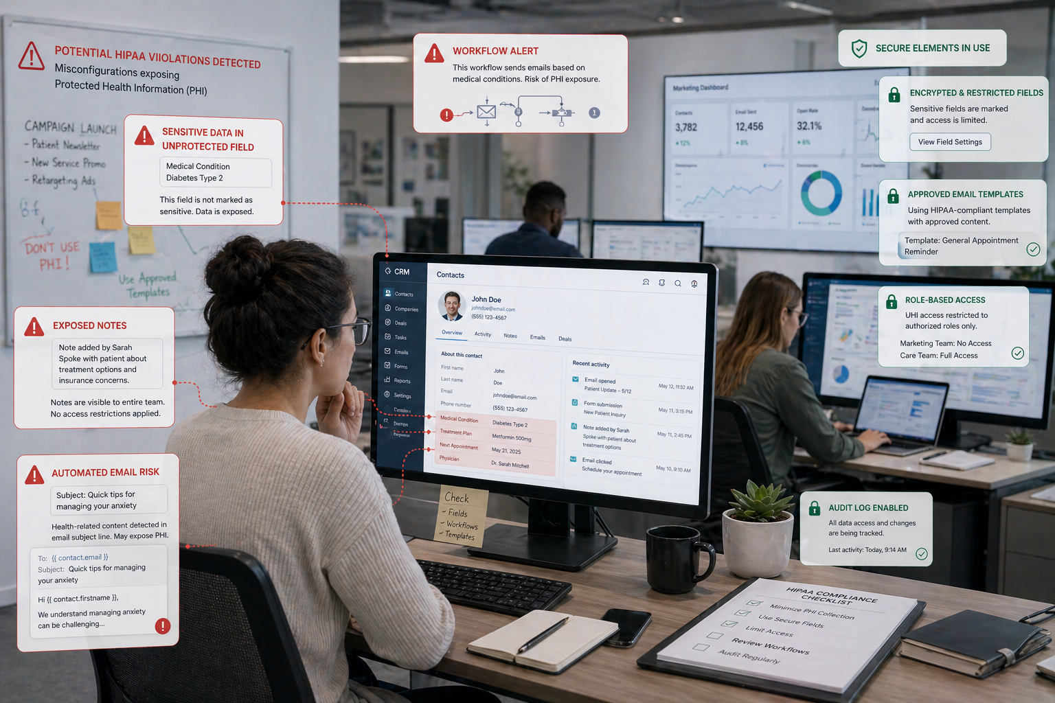 A modern workspace scene showing a marketing team using a CRM dashboard with visible mistakes highlighted—such as sensitive patient details placed in unprotected fields, exposed notes, and automated emails displaying health-related subject lines—overlaid with warning icons and broken shield symbols; contrast this with subtle secure elements in the background to emphasize misconfiguration, with neutral tones and a focus on human error in handling protected data.