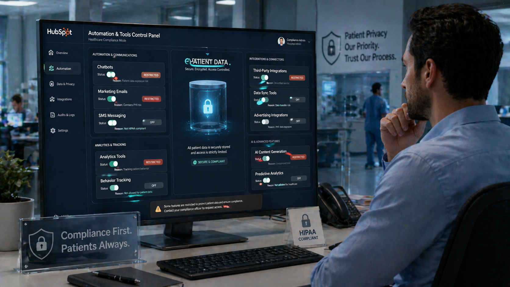  digital control panel within HubSpot where certain automation toggles are switched off or labeled “restricted,” including chatbots, marketing emails, analytics tools, and integrations; show protected patient data stored in locked containers at the center, with red or amber indicators around unsupported features, and a healthcare professional reviewing settings carefully, creating a sense of controlled limitation, compliance awareness, and deliberate decision-making using neutral color tones and minimal design