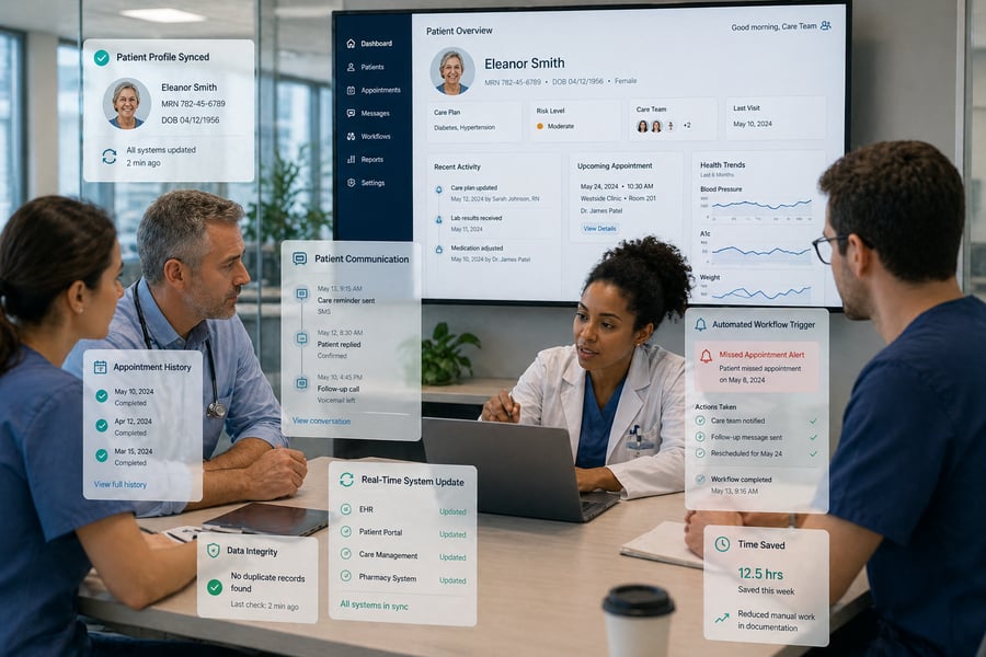 Generate a a modern healthcare admin office showing a care team interacting with a unified digital dashboard with pop-ups of  clinical records and patient communication timelines poppingup from the laptop; include visual elements like synced patient profiles, appointment history, automated workflow triggers (such as missed appointment alerts), and real-time updates flowing between systems, with subtle cues of reduced manual work like fewer paper forms or duplicate entries, all set in a clean clinical environment that emphasizes efficiency, coordination, and connected patient care.