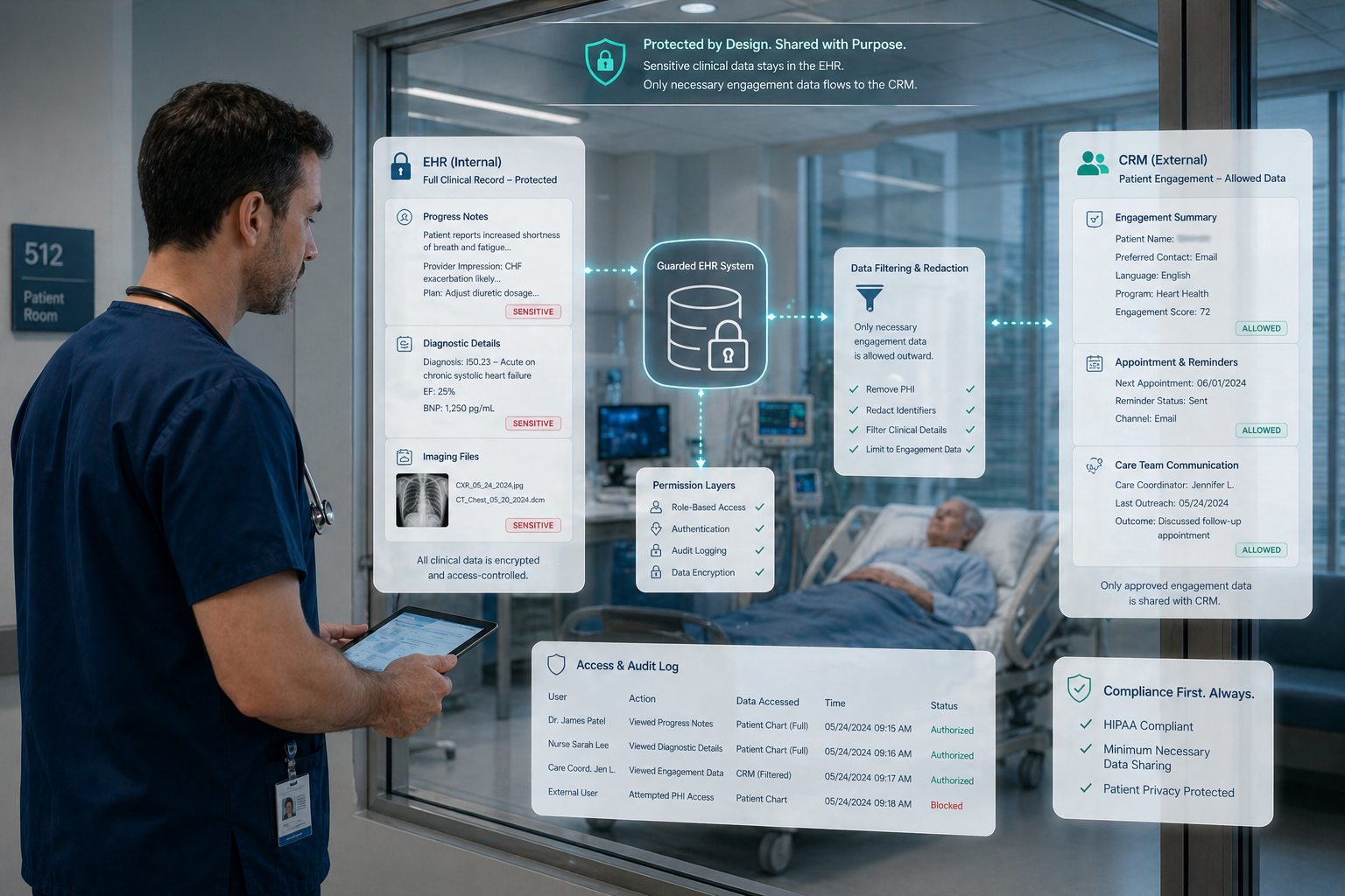 A conceptual illustration of data segmentation where sensitive clinical records—progress notes, diagnostic details, imaging files—are contained within a guarded EHR system, represented as a locked database, while only necessary engagement data flows outward into a CRM; include visual cues like redacted fields, filtered data streams, and permission layers, reinforcing the idea of keeping critical medical information internal and protected.