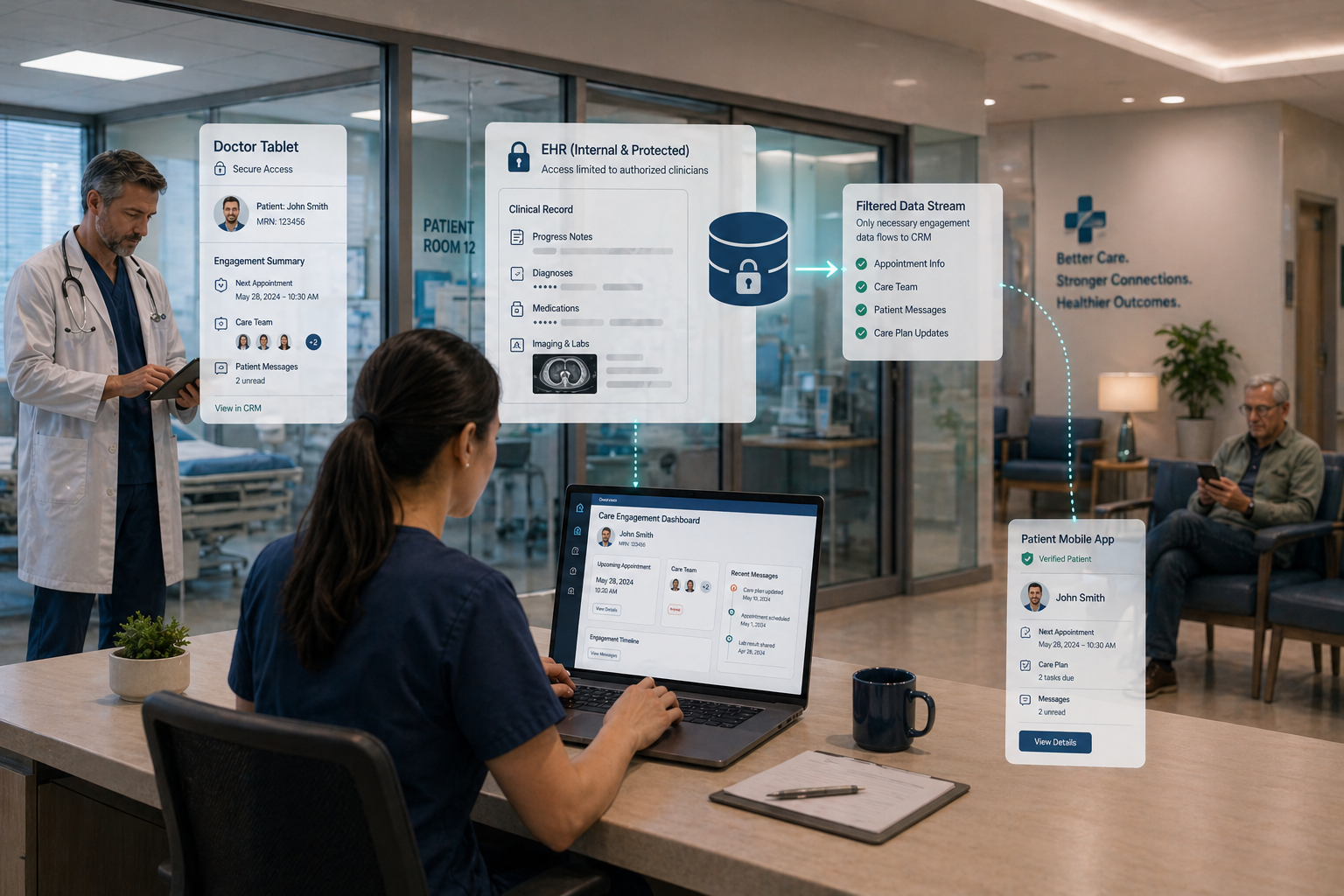A system-level illustration of continuous healthcare data synchronization, where event triggers inside an EHR generate HL7 messages that pass through an integration layer, converting them into structured CRM inputs; includes elements like message queues, transformation pipelines, and live dashboards updating patient records automatically, highlighting reliability, timeliness, and event-driven automation.