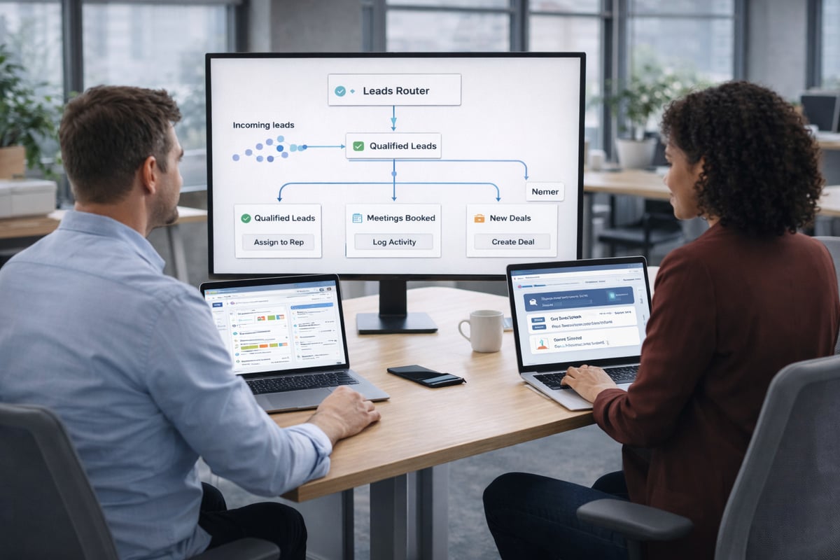  A salesperson with&nbsp;incoming leads appear as data points instantly routed through a digital workflow showing in the monitor, and team member beside the person&nbsp;receive notifications on their computers 