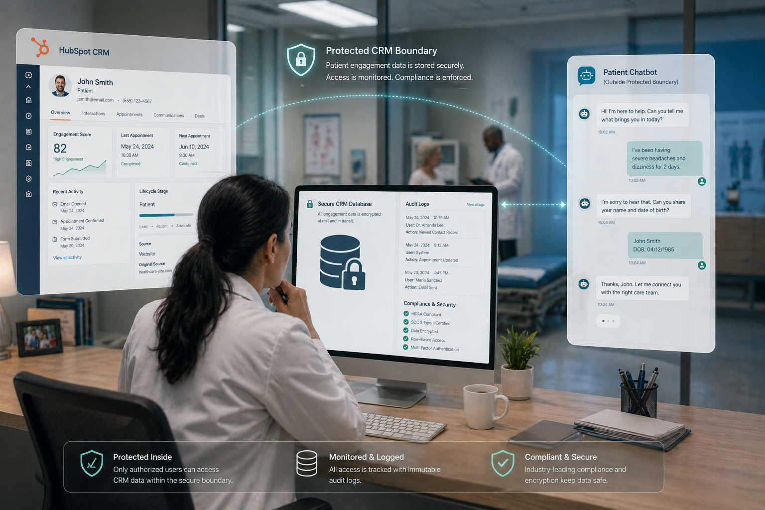 A split-scene digital illustration featuring a healthcare provider dashboard inside HubSpot: on one side, a secure, locked CRM database with audit logs and compliance checkmarks; on the other side, a chatbot conversation floating outside the protected boundary, with highlighted text bubbles containing patient symptoms and identifiers