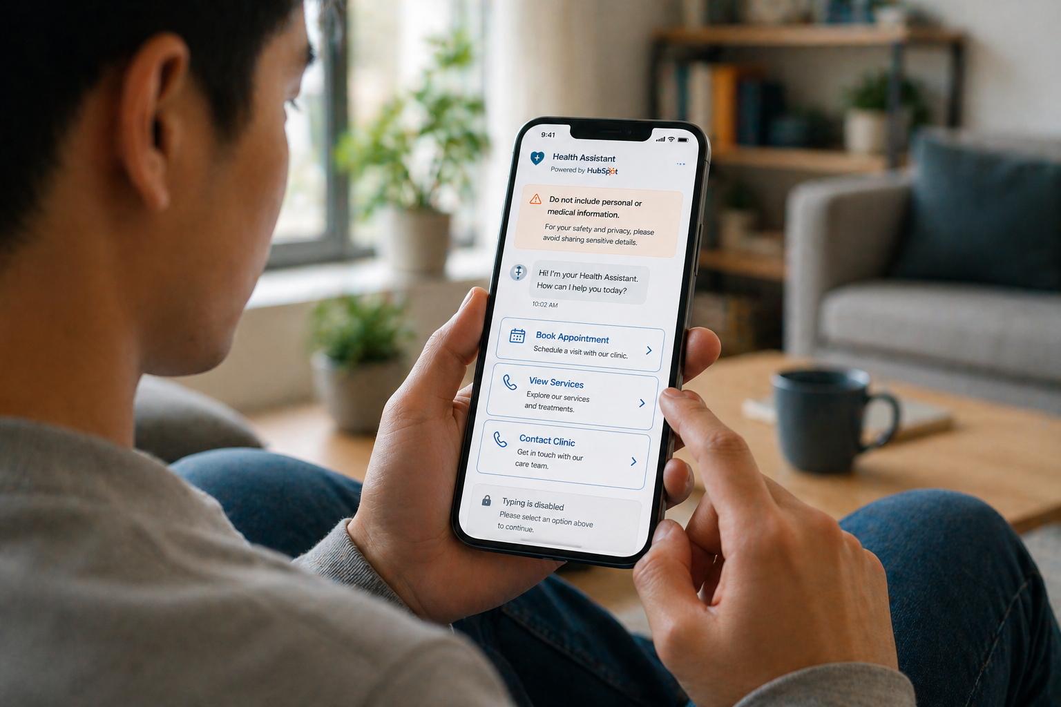 A structured chatbot interface inside HubSpot showing a guided conversation flow with clickable buttons like “Book Appointment,” “View Services,” and “Contact Clinic,” instead of an open text field; above the chat, a small notice reads “Do not include personal or medical information,” while the UI visually blocks free typing until a user selects predefined options, emphasizing controlled input and reduced risk of oversharing.