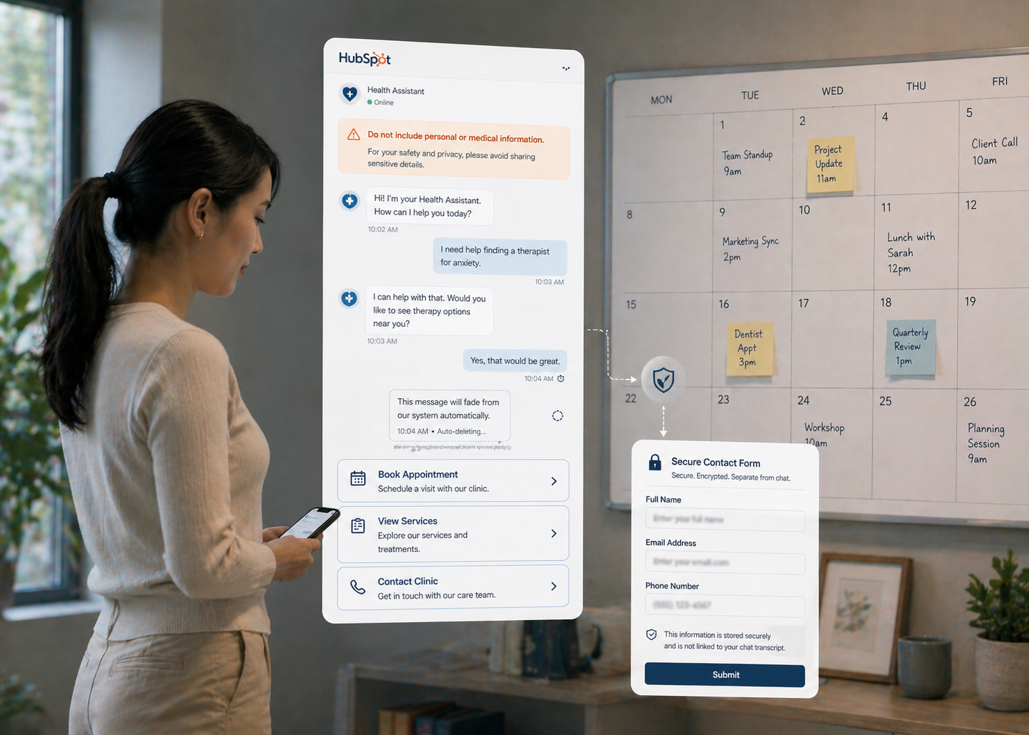 A clean chatbot interface within HubSpot where user messages appear anonymized, with personal identifiers like name, email, and phone number visually detached and routed into a separate secure form outside the chat; the chatbot transcript shows minimal stored data, with fading or auto-deleting message bubbles, symbolizing reduced data retention and separation between identity and conversation.