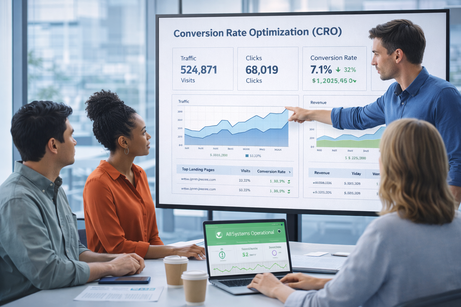 A group of hyper-realistic digital marketers in a modern office reviewing CRO data on a large screen. The screen displays dashboards with metrics (traffic, clicks) and KPIs (conversion rate, revenue) clearly labeled. One person is pointing at a chart while others discuss insights. Bright, professional workspace with natural lighting and a collaborative atmosphere.