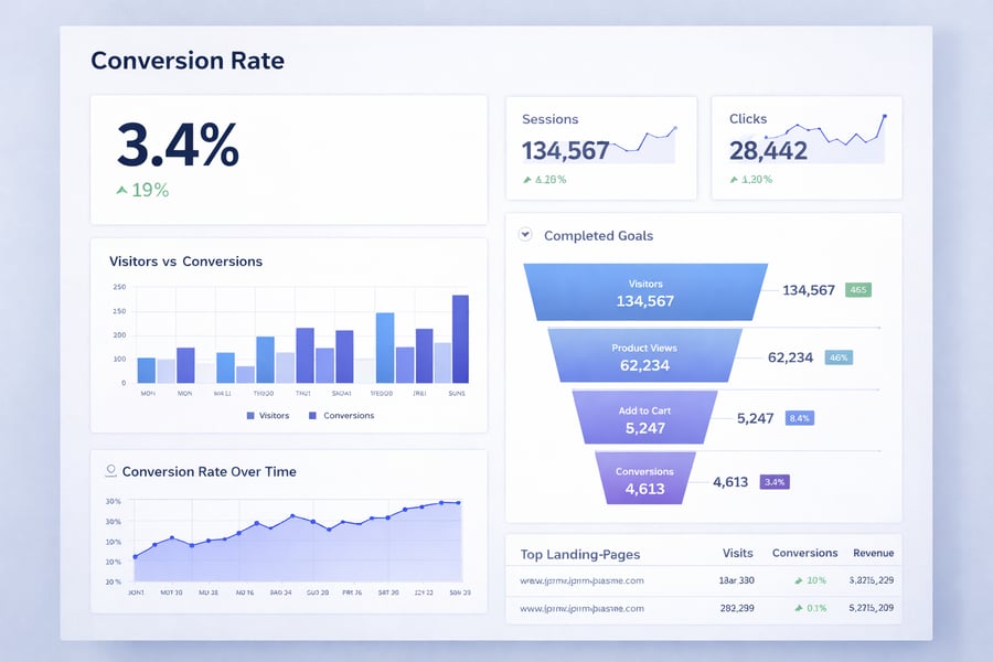 A modern CRO analytics dashboard focused on conversion rate. The interface shows a large “Conversion Rate” metric (e.g., 3.4%) at the top, with supporting charts like visitors vs conversions, funnel visualization, and trend over time. Include smaller widgets for sessions, clicks, and completed goals. Clean SaaS UI design with blue and purple accents, minimal layout, and clear data hierarchy.