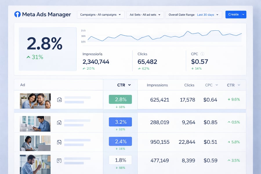 A Meta Ads Manager-style dashboard showing campaign performance metrics. Highlight “CTR” as the primary metric (e.g., 2.8%) with supporting data like impressions, clicks, and CPC. Include a table of ads with thumbnails, each showing different CTR percentages. Clean interface with blue accents, filters at the top, and performance trends over time.