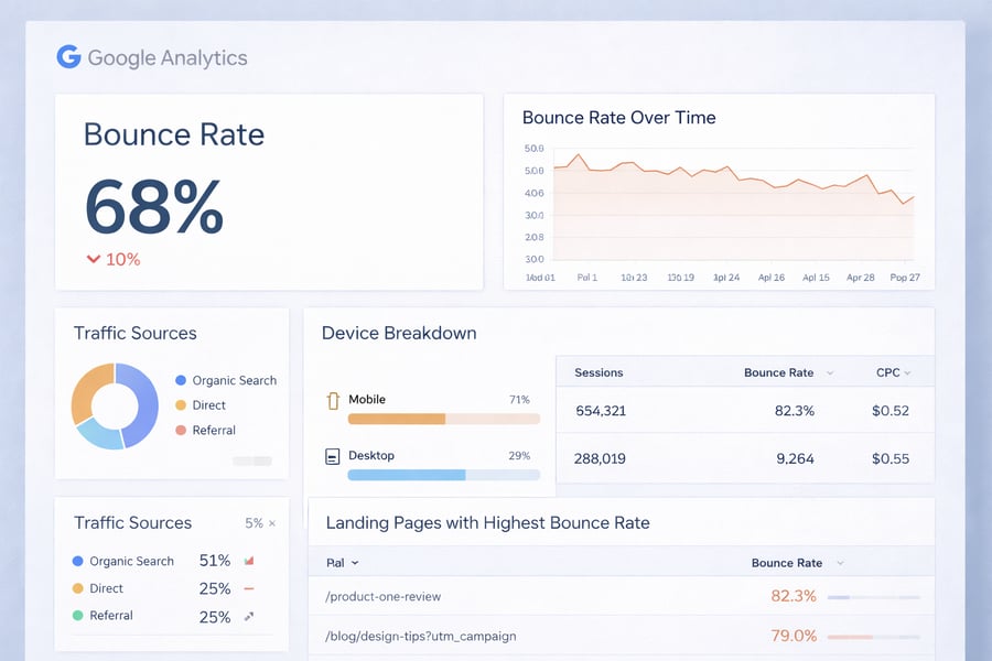 A Google Analytics-style dashboard focused on bounce rate. Display “Bounce Rate” prominently (e.g., 68%) with a line graph showing trends over time. Include supporting widgets like traffic sources, device breakdown (mobile vs desktop), and landing pages with highest bounce rates. Clean, white UI with subtle blue and orange highlights.