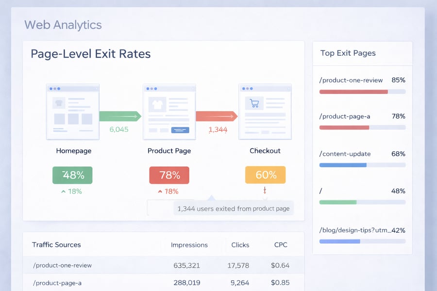 A web analytics dashboard showing page-level exit rates. Include a user journey flow or funnel with stages like homepage, product page, and checkout. Highlight exit percentages at each step, with one page showing a high exit rate. Include a side panel listing top exit pages with percentages. Modern SaaS analytics UI.