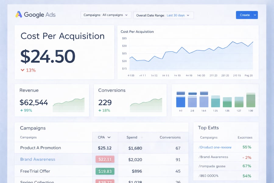 A Google Ads-style dashboard showing “Cost Per Acquisition” (e.g., $24.50) alongside total spend, conversions, and campaign performance. Include a table of campaigns with varying CPA values and a trend graph over time. Use a clean, data-heavy interface with filters and segmented views.
