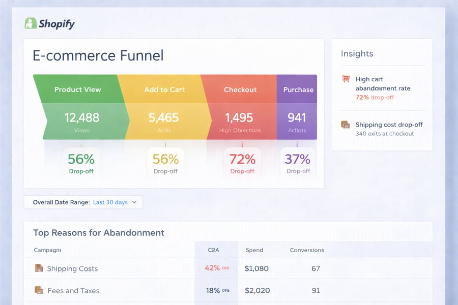An e-commerce funnel dashboard showing stages: product view, add to cart, checkout, purchase. Highlight a high cart abandonment rate (e.g., 72%). Include drop-off percentages at each stage and a visual funnel. Add small insights like “shipping cost drop-off.” Modern Shopify-style UI.