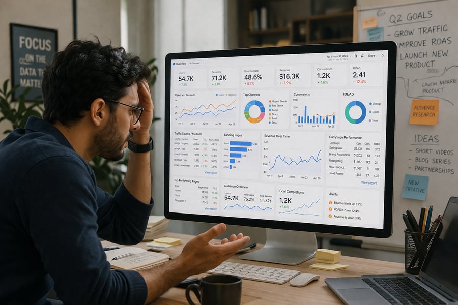 A digital marketer sitting at a desk, looking confused at a messy analytics dashboard filled with too many metrics, conflicting charts, and unclear data. Realistic office setting with soft lighting.