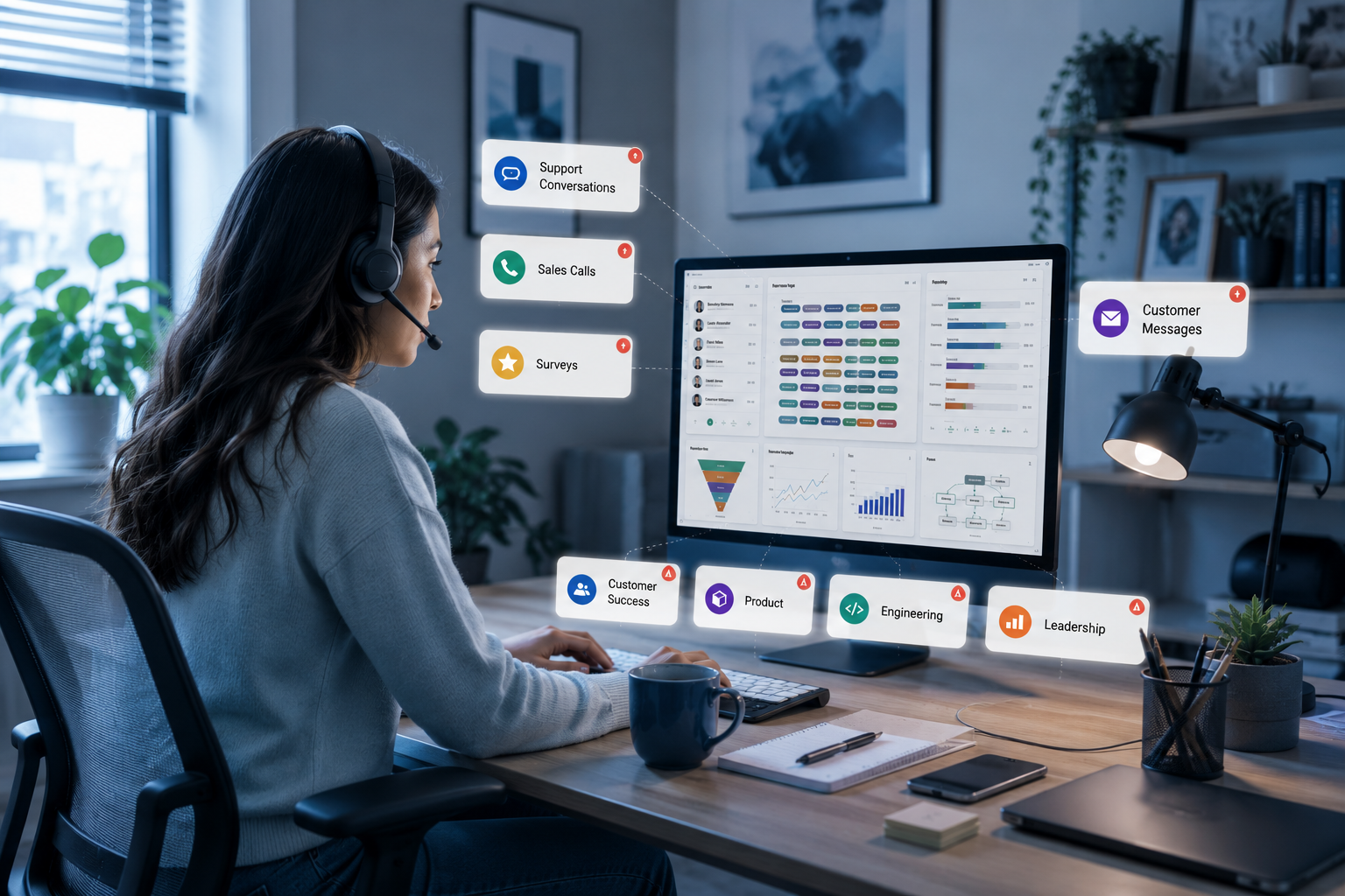 client support representative in their home office because customer feedback coming from multiple sources such as support conversations, sales calls, surveys, and customer messages shown as pop-ups around the workspace or desktop, zoom out the scene to have enough space. The feedback becomes scattered across different teams including Customer Success, Product, Engineering, and Leadership, with missing connections between them.