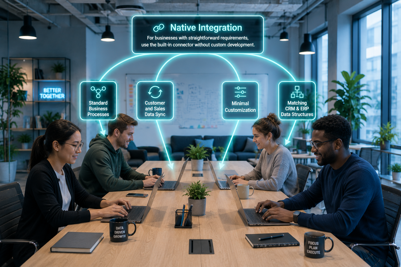 4 coworkers in an open space office sharing one desk working on their laptops on different things showin ficons of Standard Business Processes, Customer and Sales Data Sync, Minimal Customization, and Matching CRM & ERP Data Structuress, and there is an arching glowing teal line from all 4 laptops to show labeled Native Integration, illustrating that businesses with straightforward requirements can use the built-in connector without custom development.