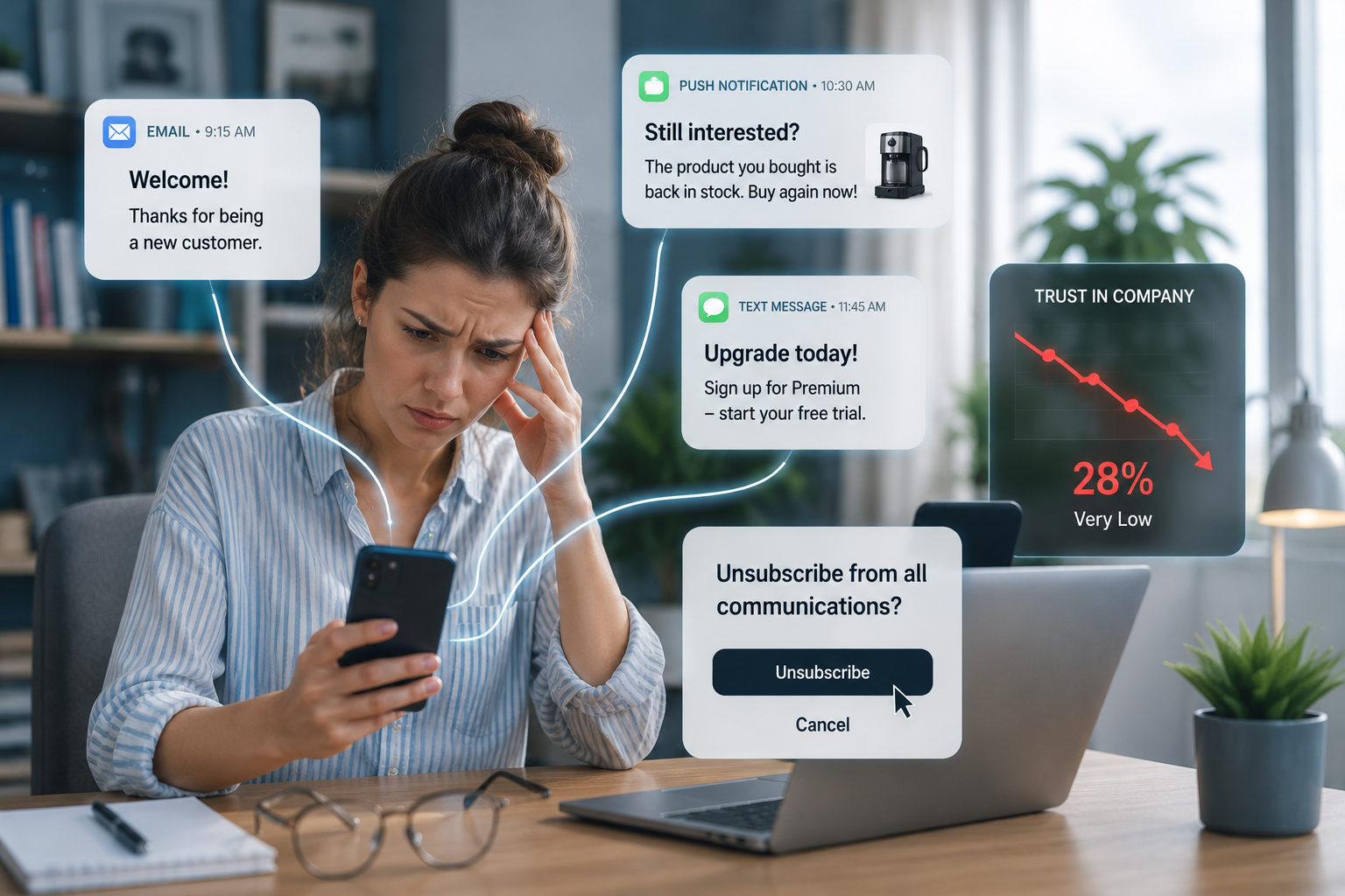 a customer receiving multiple conflicting messages from the same company across different channels. One email welcomes them as a new customer, another promotes a product they already purchased, and a third encourages them to sign up for a service they already use. The confused customer looks frustrated and clicks the unsubscribe button